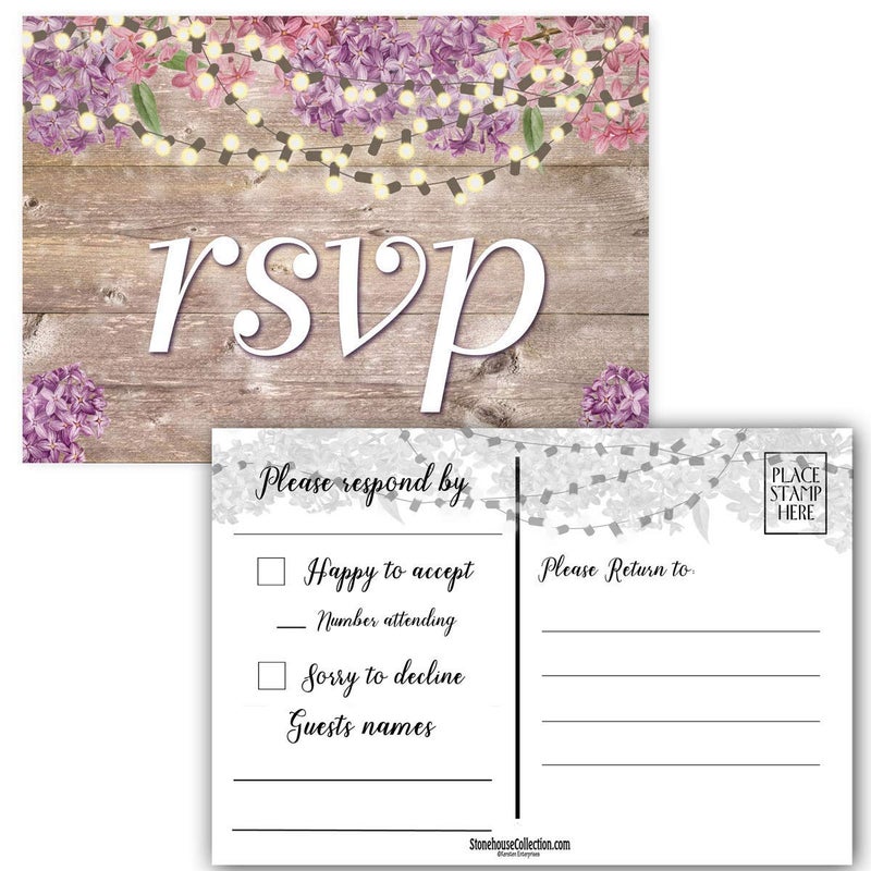 Stonehouse Collection | RSVP Postcards - Rustic Wood and Flowers | 40 Great For Weddings, Baby Showers, Birthdays, Graduations, etc. | Reply in Style | (Purple Rustic) - Image 2
